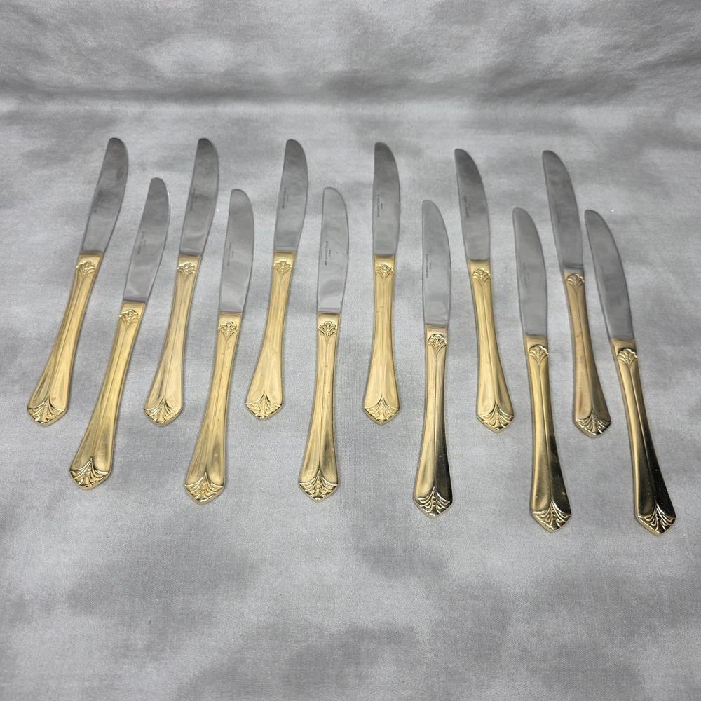 (X12) International Silver INS398 Gold Electroplate 9" Dinner Knives Fan Tip Vtg